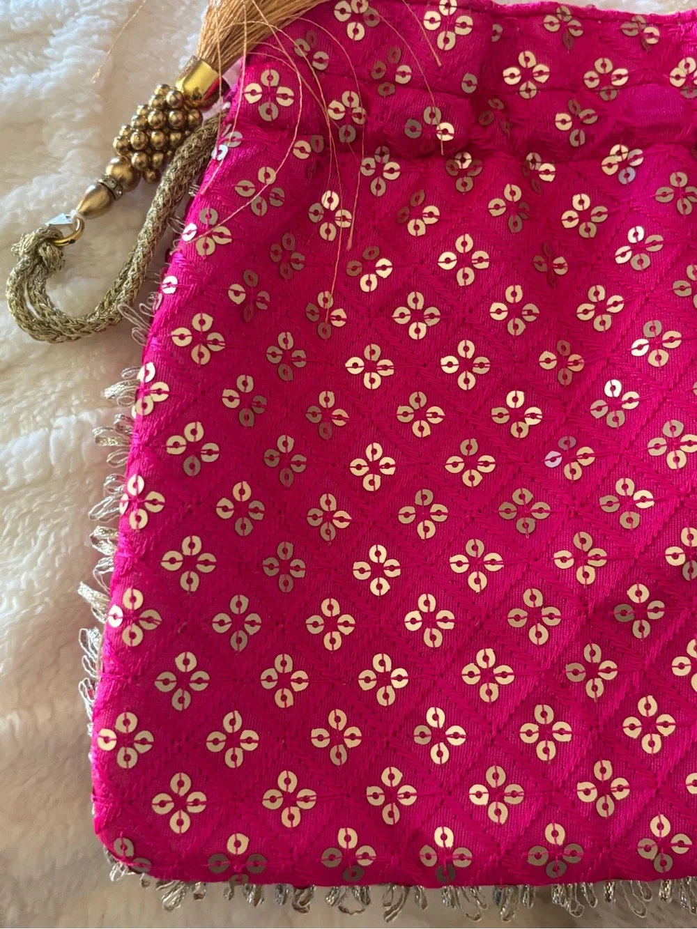 Ethnic Indian Wear Hot Pink Embellished Evening Potli with Gold Tassels